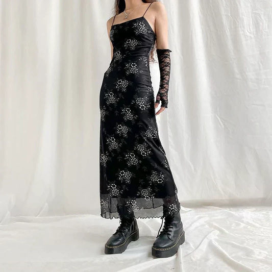 Floral Print Spaghetti Strap Lettuce-Hem Mesh Maxi Dress
