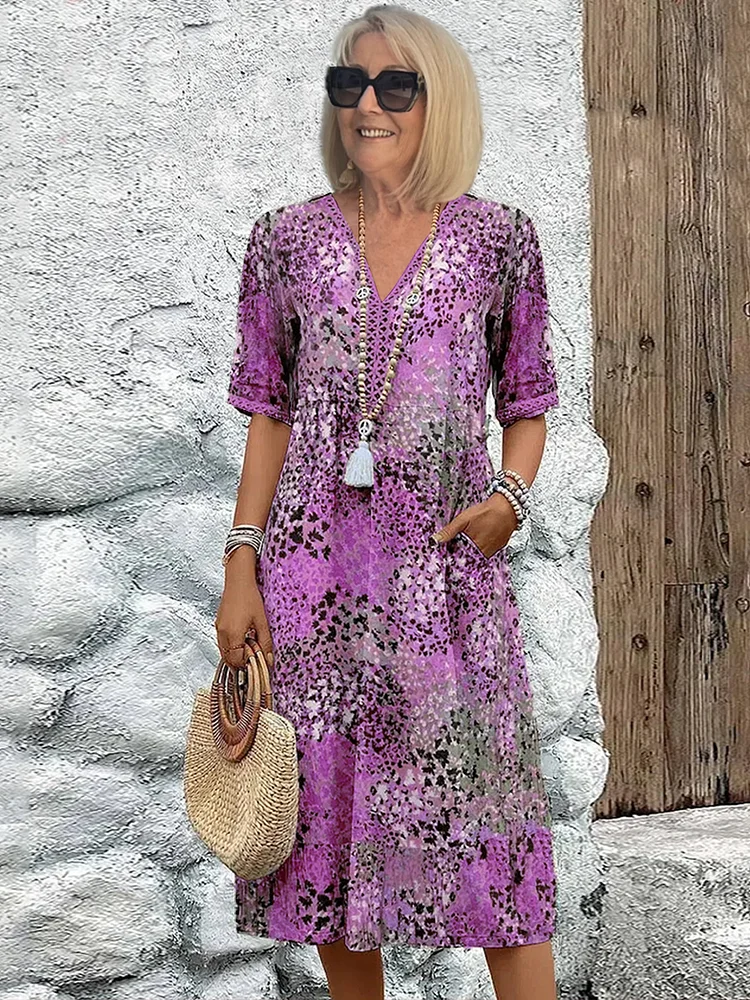 V Neck Half Sleeve Abstract Mosaic Print Pocket Midi Dress