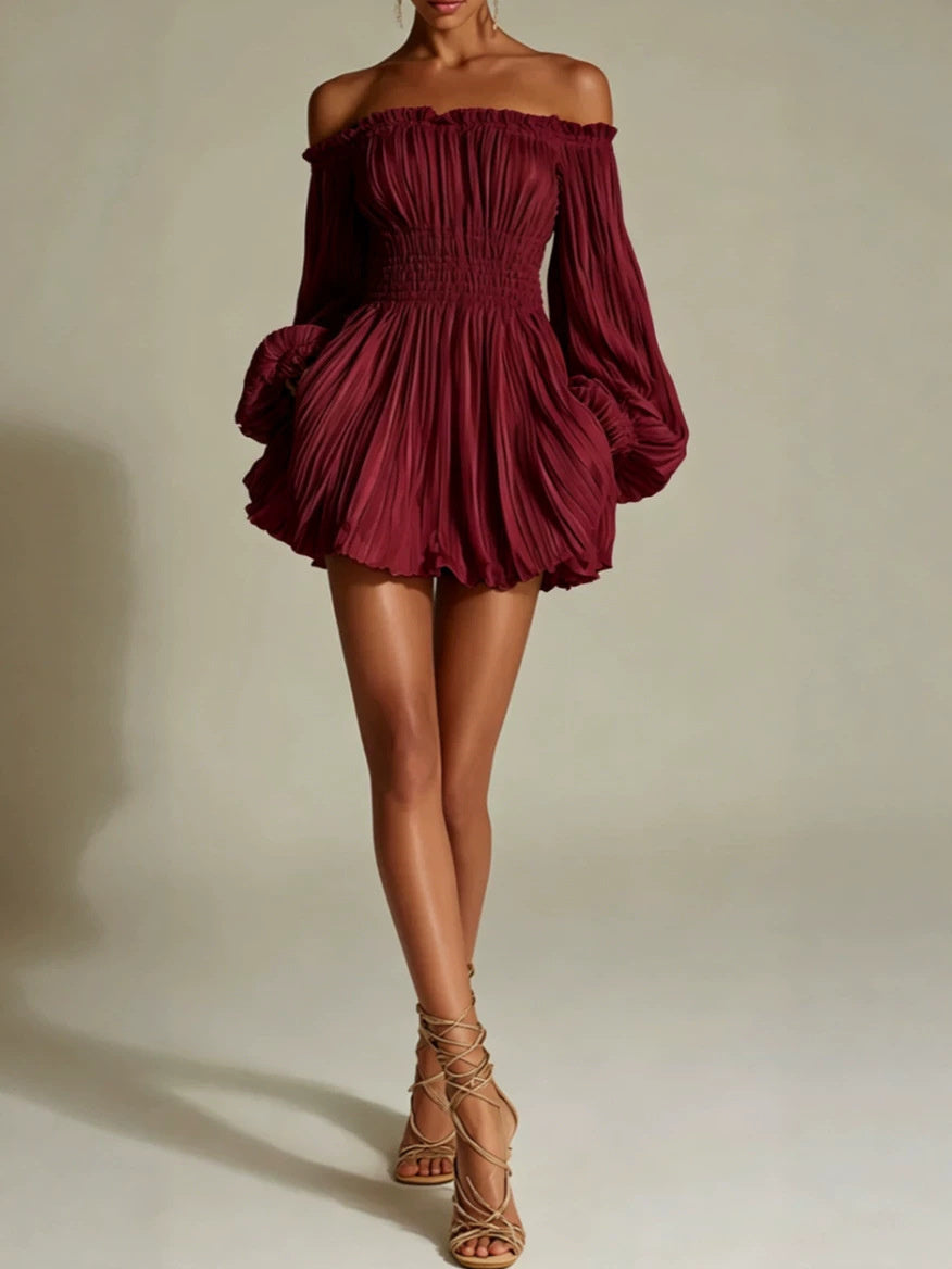 Solid Color Pleated Short Dress