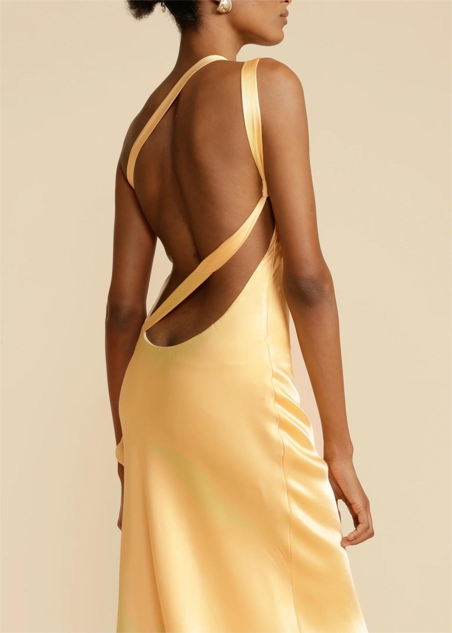 One Shoulder Asymmetric Neck Back Tie Strap Satin Column Maxi Gown
