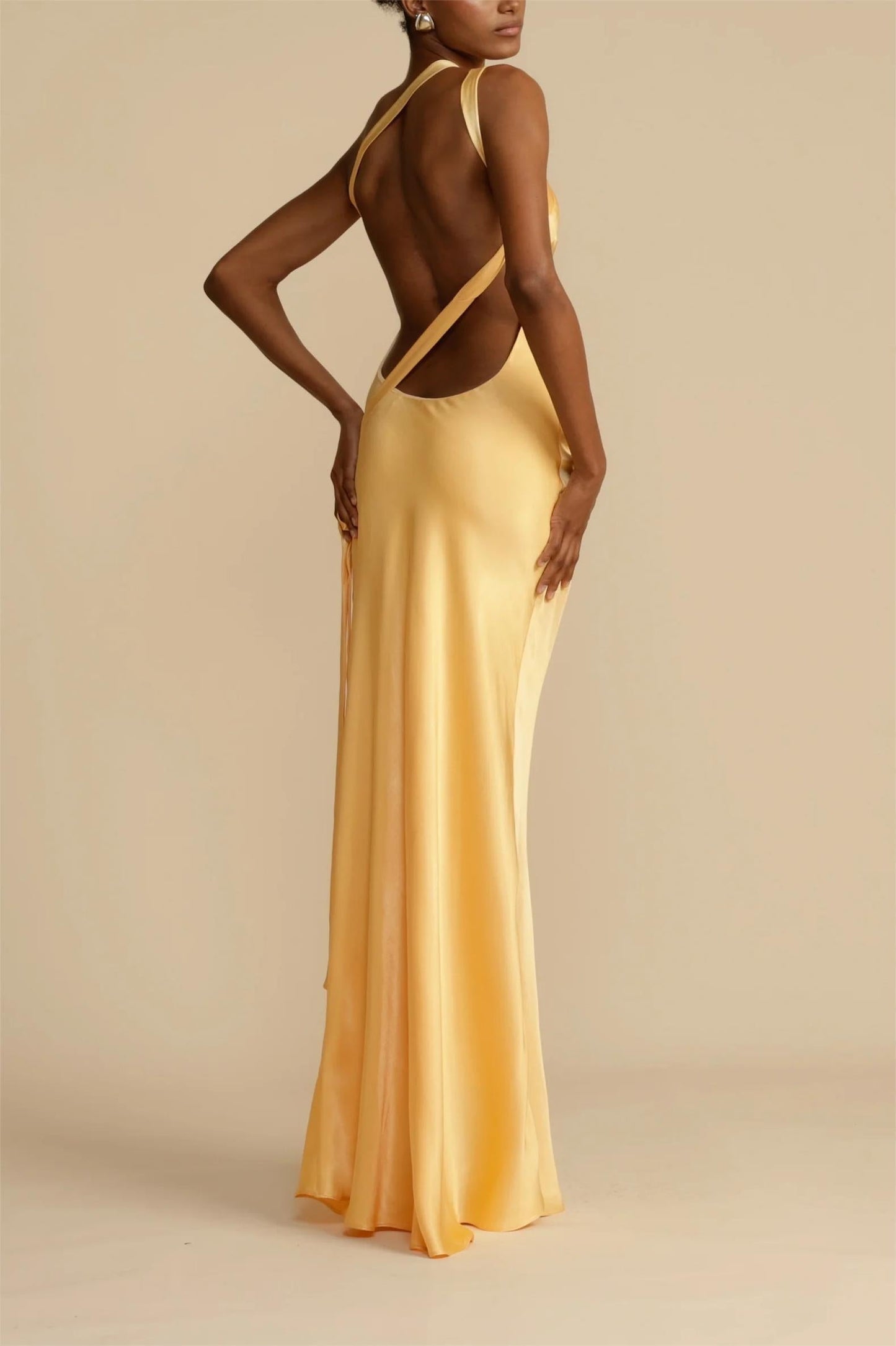 One Shoulder Asymmetric Neck Back Tie Strap Satin Column Maxi Gown