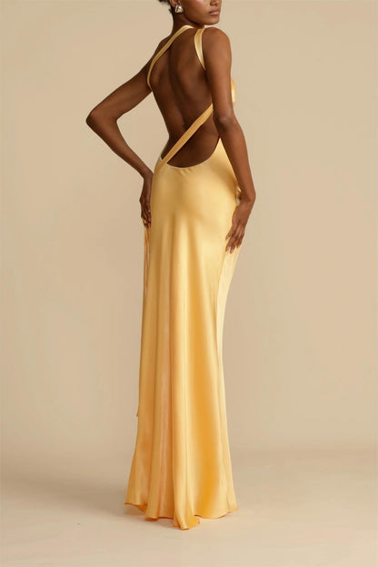 One Shoulder Asymmetric Neck Back Tie Strap Satin Column Maxi Gown