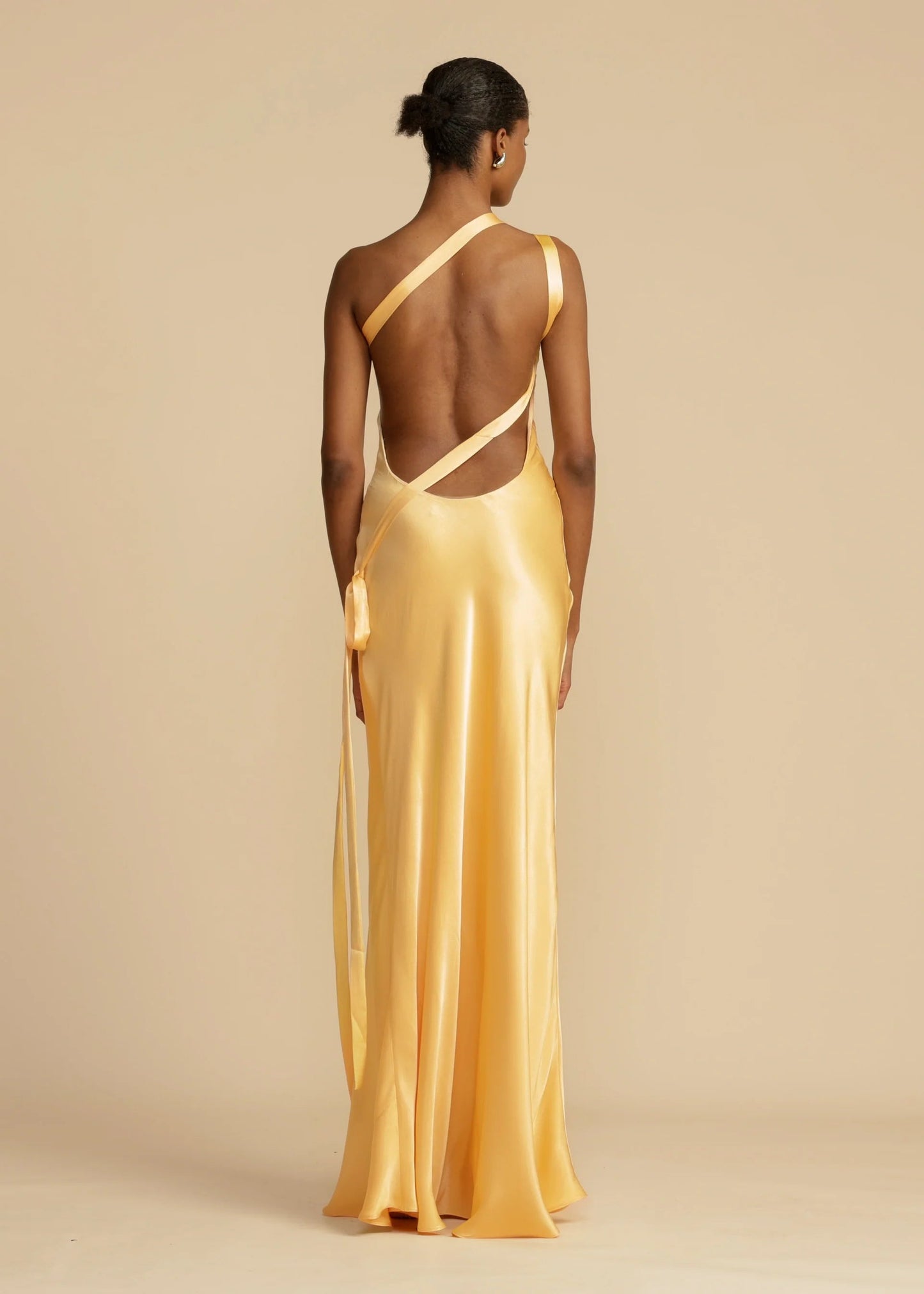 One Shoulder Asymmetric Neck Back Tie Strap Satin Column Maxi Gown