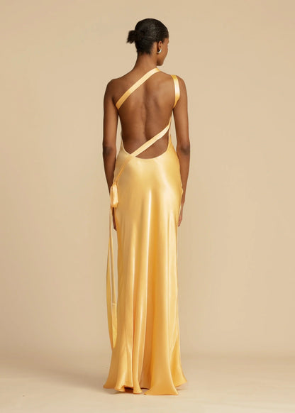 One Shoulder Asymmetric Neck Back Tie Strap Satin Column Maxi Gown