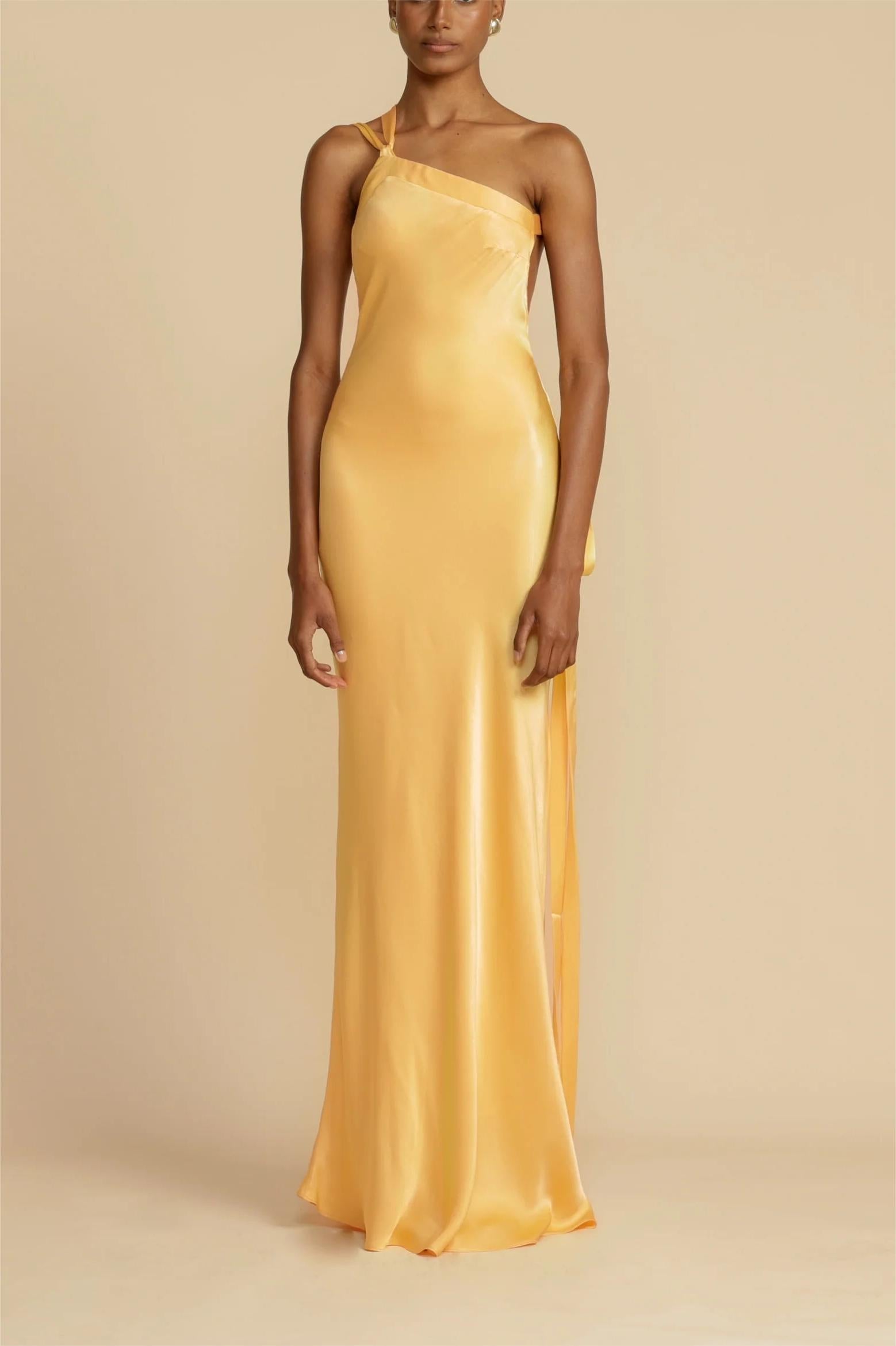One Shoulder Asymmetric Neck Back Tie Strap Satin Column Maxi Gown