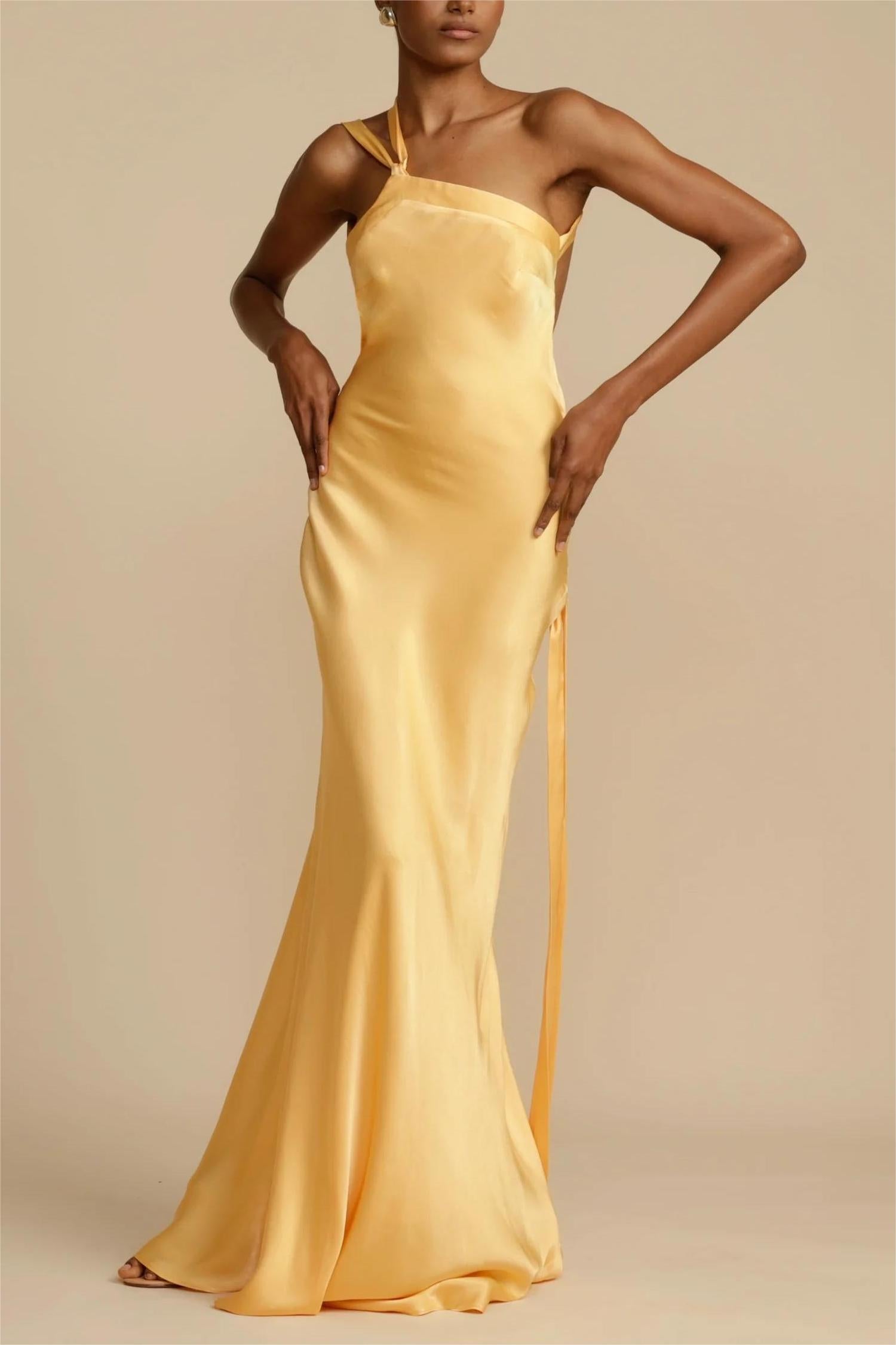 One Shoulder Asymmetric Neck Back Tie Strap Satin Column Maxi Gown