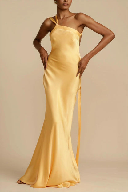One Shoulder Asymmetric Neck Back Tie Strap Satin Column Maxi Gown