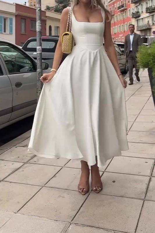 Square Neck Wide Strap Fit and Flare Pleated Tea Length Midi Dress