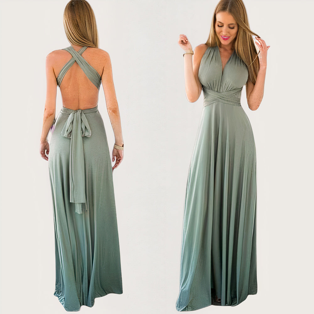 Convertible Multiway Halter Wrap Back Tie Bow High-Slit Maxi Gown