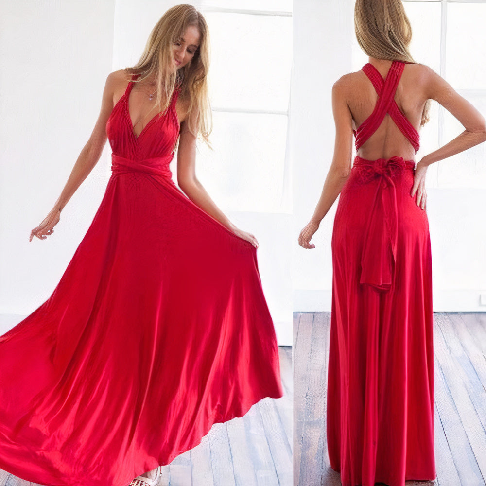 Convertible Multiway Halter Wrap Back Tie Bow High-Slit Maxi Gown