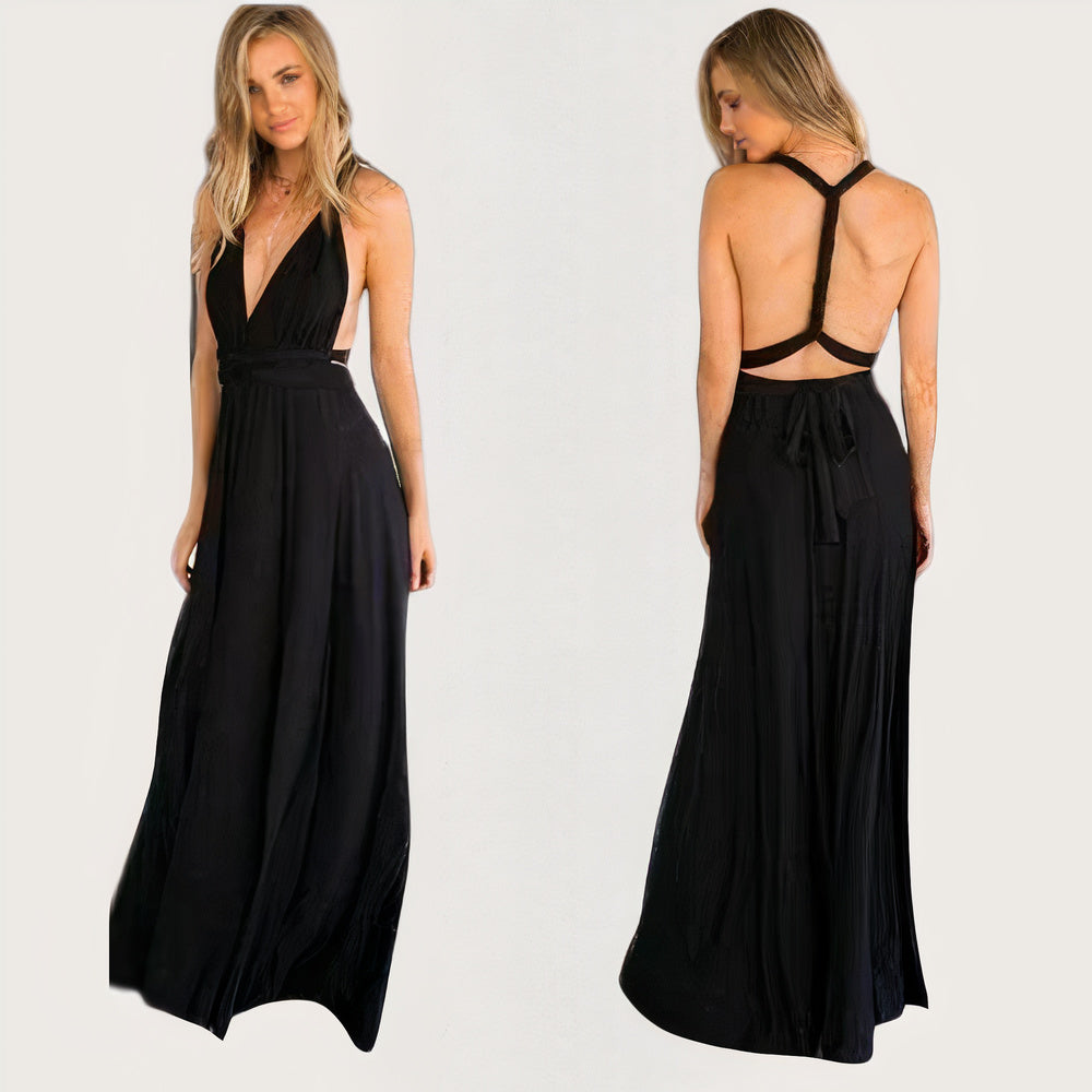 Convertible Multiway Halter Wrap Back Tie Bow High-Slit Maxi Gown