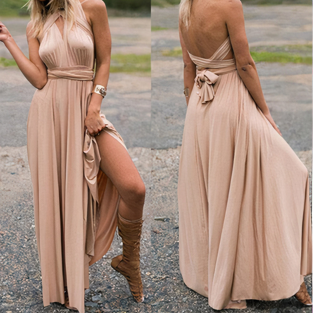 Convertible Multiway Halter Wrap Back Tie Bow High-Slit Maxi Gown