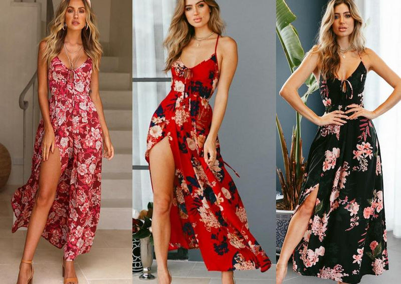 Botanical Floral Print Tie-Front Keyhole Spaghetti Strap High Slit Maxi Dress