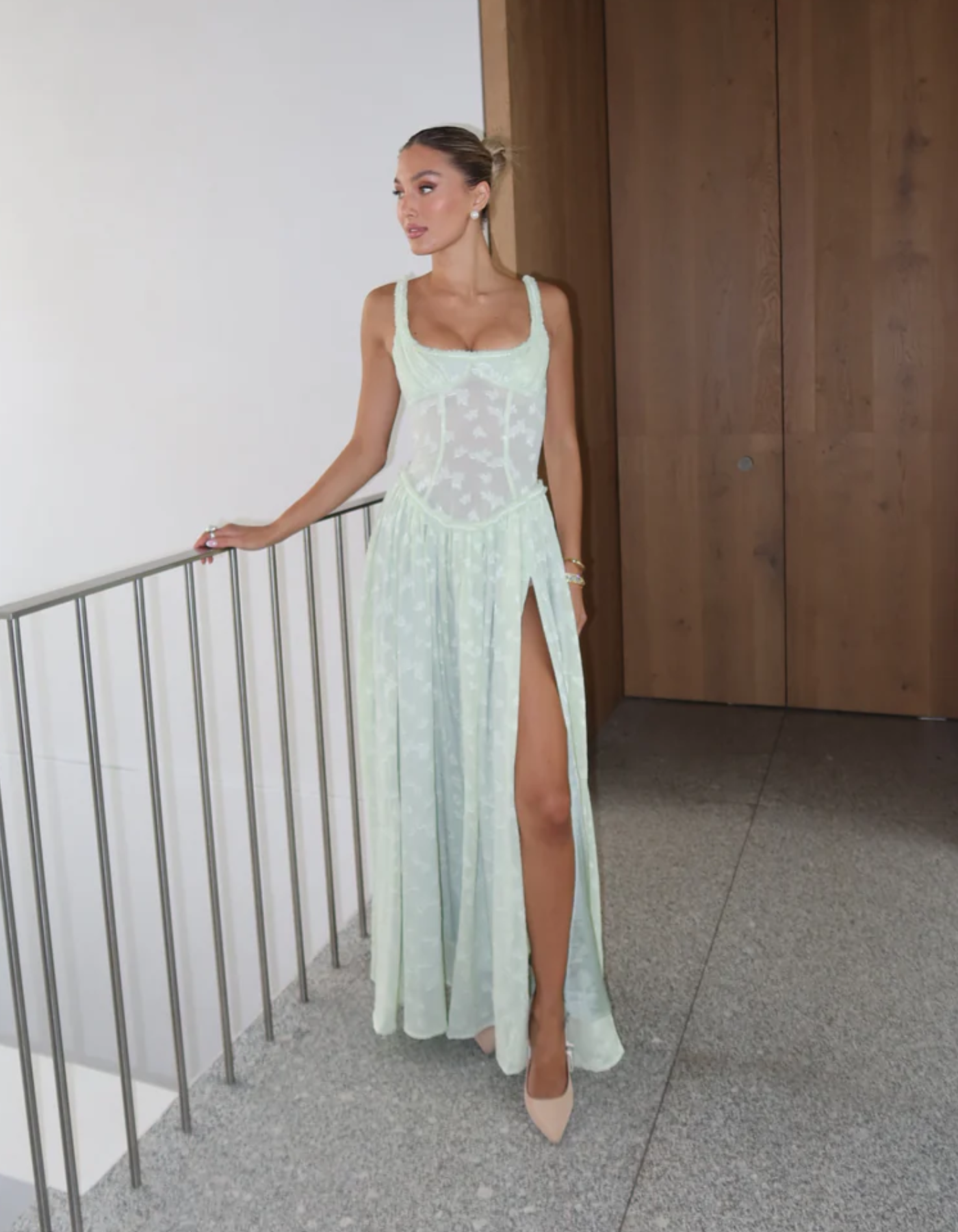 | Sheer corset slit maxi dress