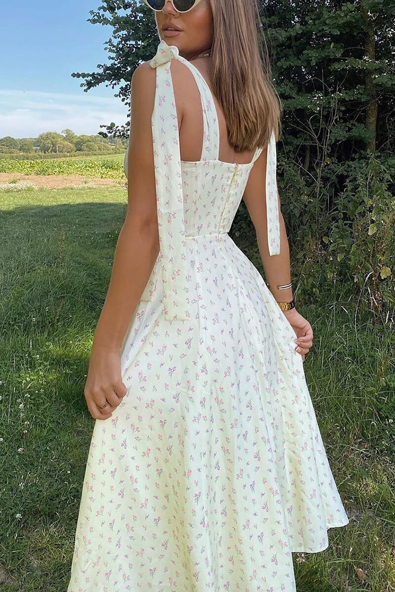 Ditsy Floral Tie-Shoulder Sweetheart Ruched Bust Side Slit Maxi Dress