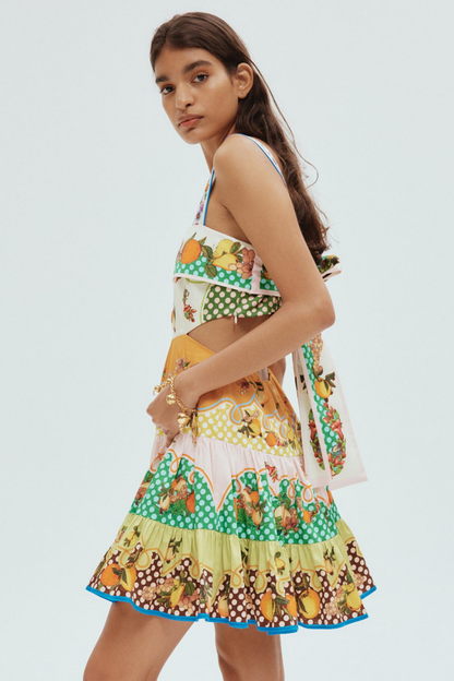 Mixed Print Square Neck Spaghetti Strap Tiered Ruffle Hem Mini Dress