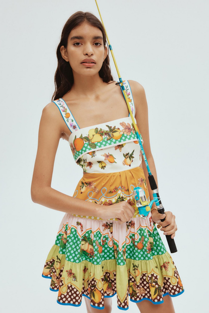 Mixed Print Square Neck Spaghetti Strap Tiered Ruffle Hem Mini Dress