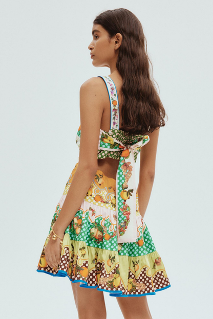 Mixed Print Square Neck Spaghetti Strap Tiered Ruffle Hem Mini Dress
