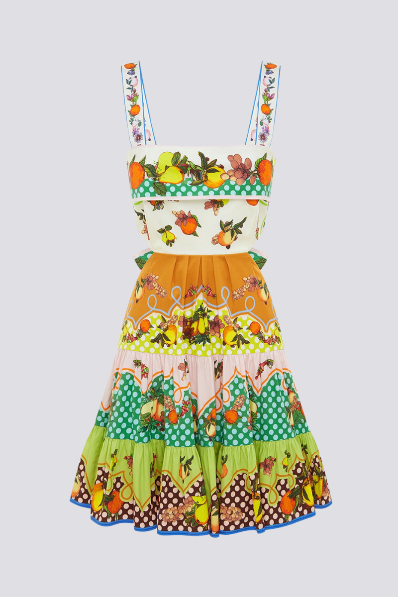 Mixed Print Square Neck Spaghetti Strap Tiered Ruffle Hem Mini Dress
