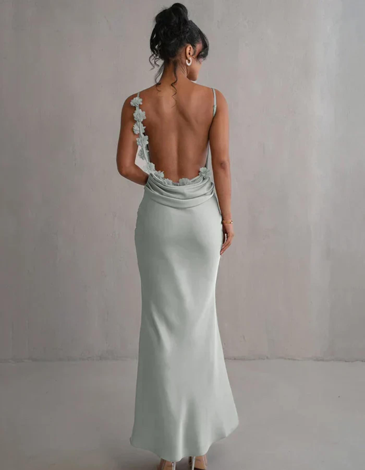 | Satin Drape Spaghetti Strap Gown