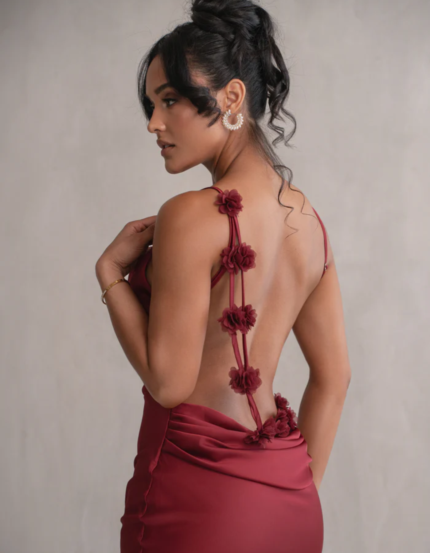 | Satin Drape Spaghetti Strap Gown