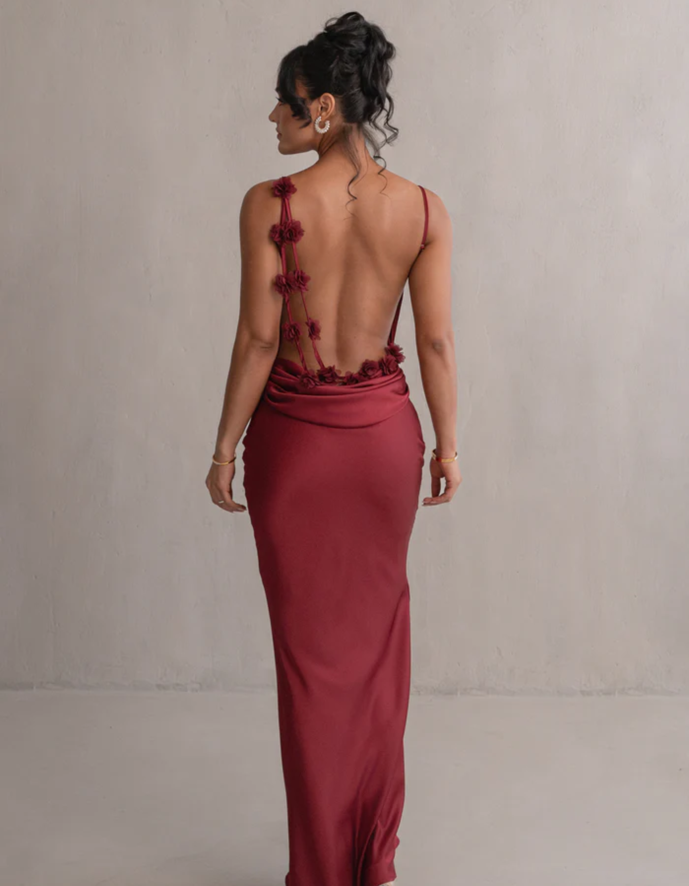 | Satin Drape Spaghetti Strap Gown
