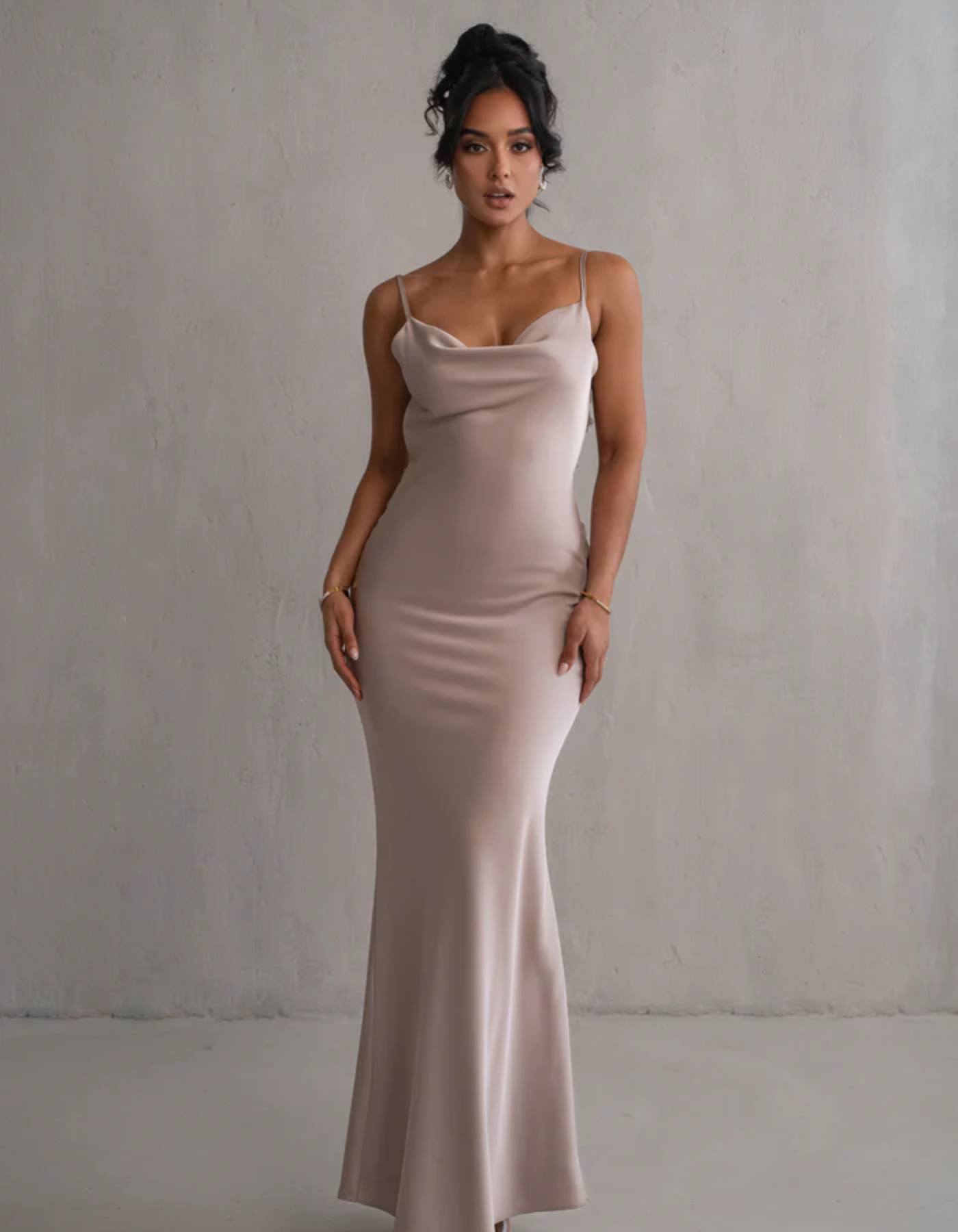 | Satin Drape Spaghetti Strap Gown