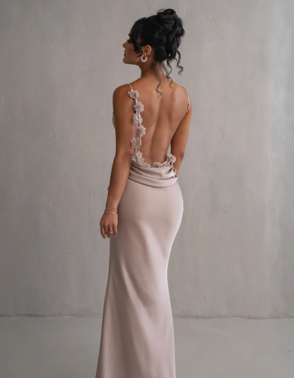 | Satin Drape Spaghetti Strap Gown