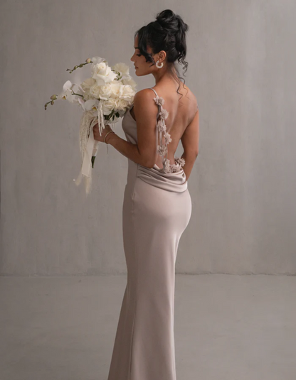 | Satin Drape Spaghetti Strap Gown