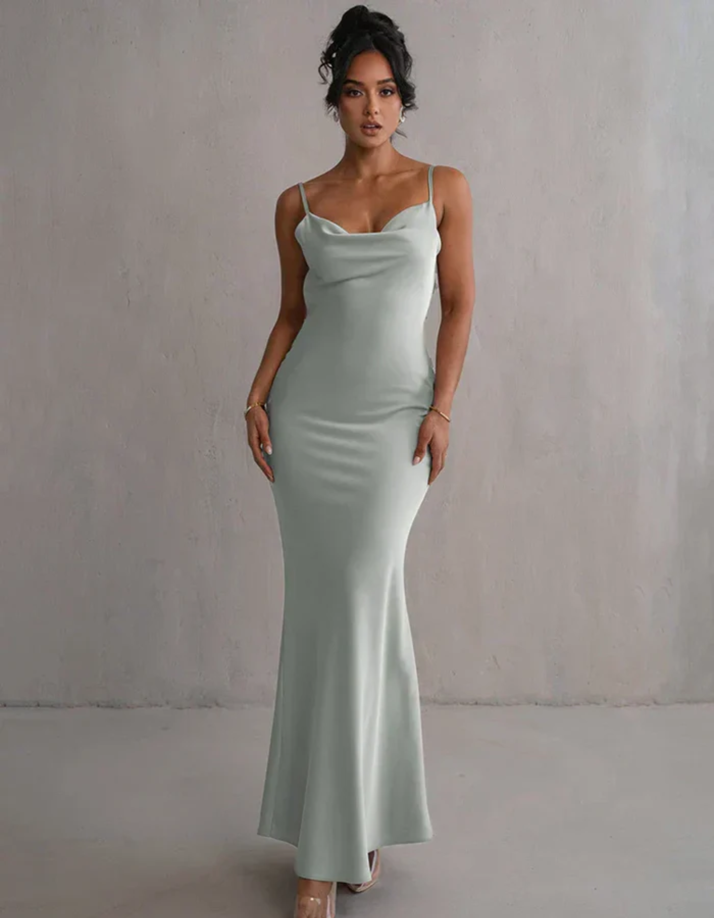 | Satin Drape Spaghetti Strap Gown