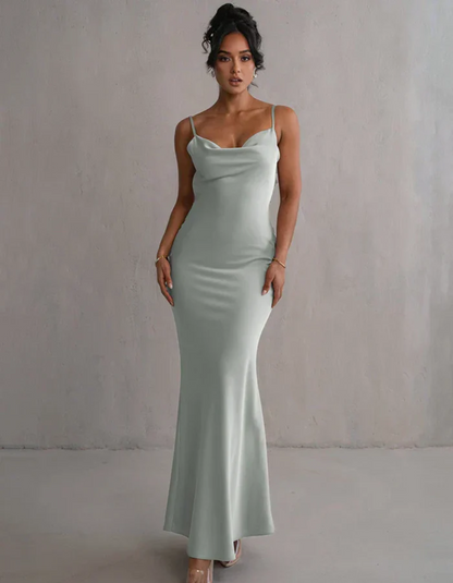 | Satin Drape Spaghetti Strap Gown