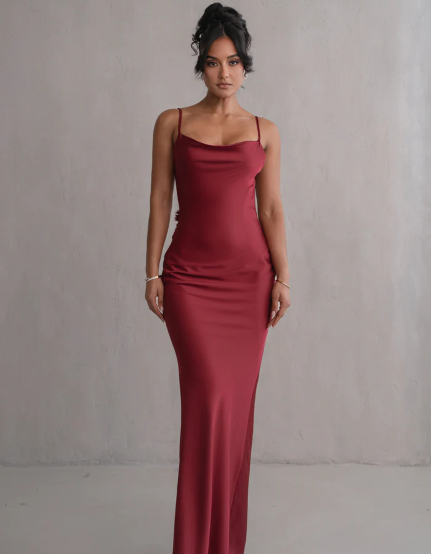 | Satin Drape Spaghetti Strap Gown