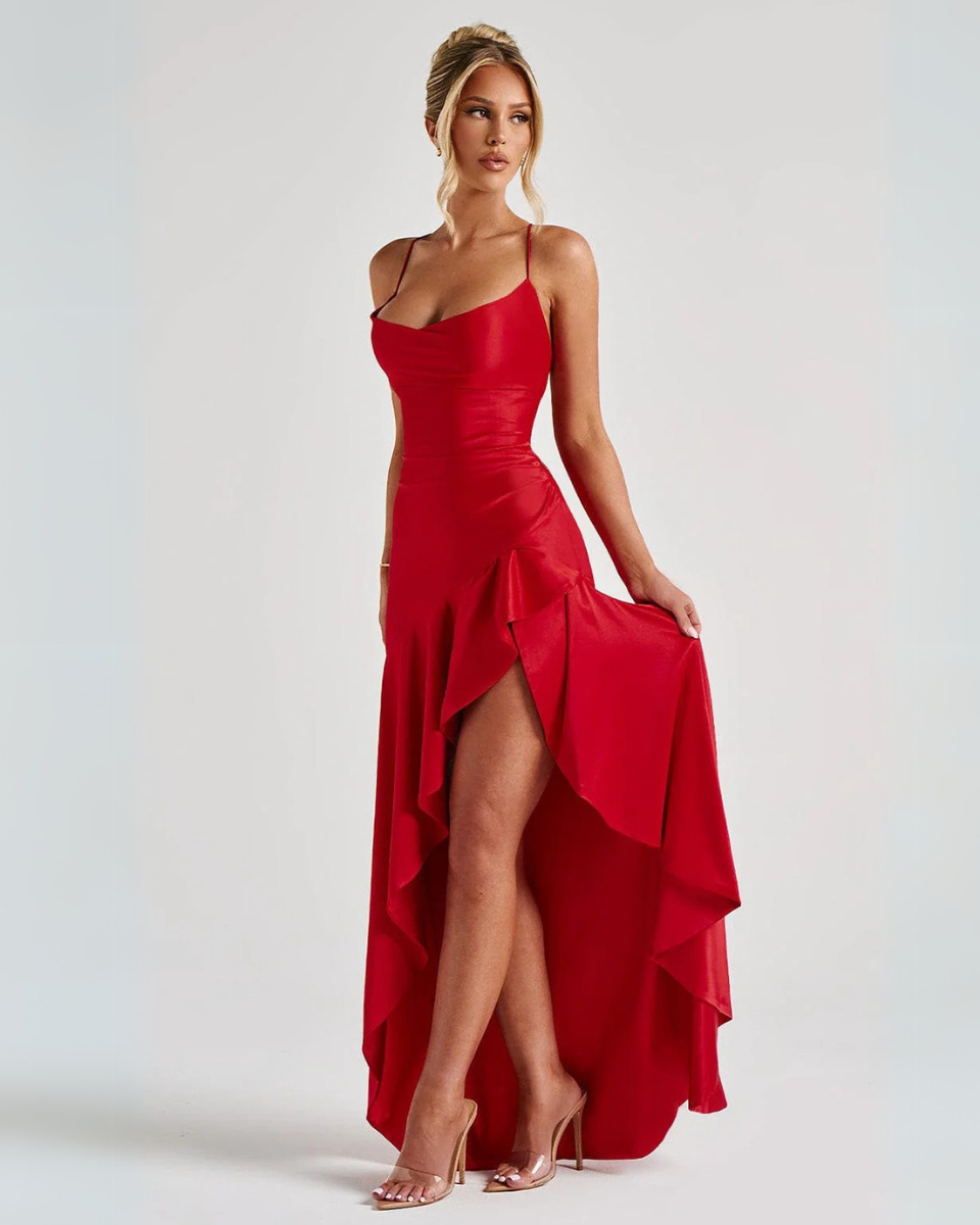 | Satin evening dress with cascading hem