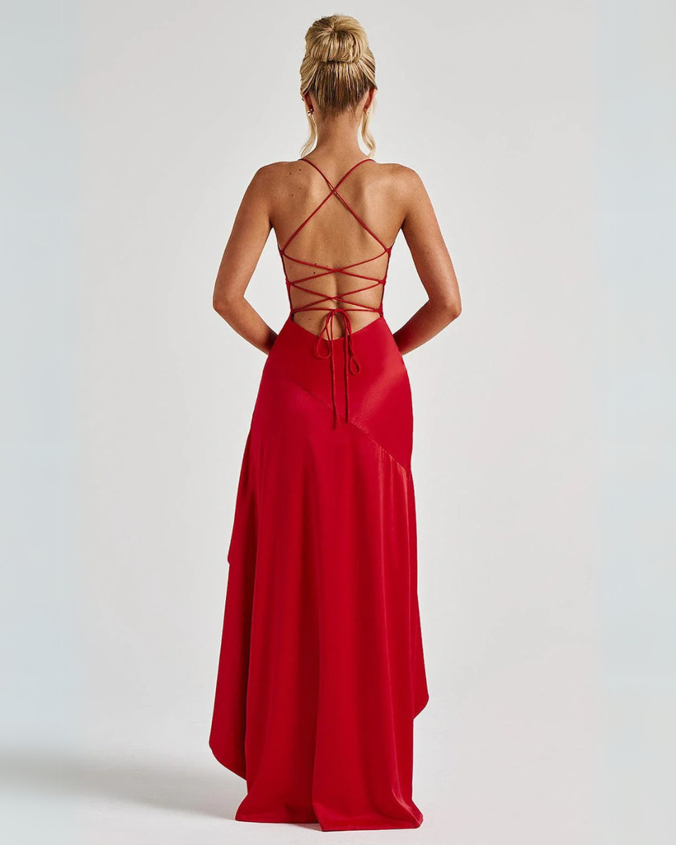 | Satin evening dress with cascading hem