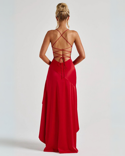 | Satin evening dress with cascading hem