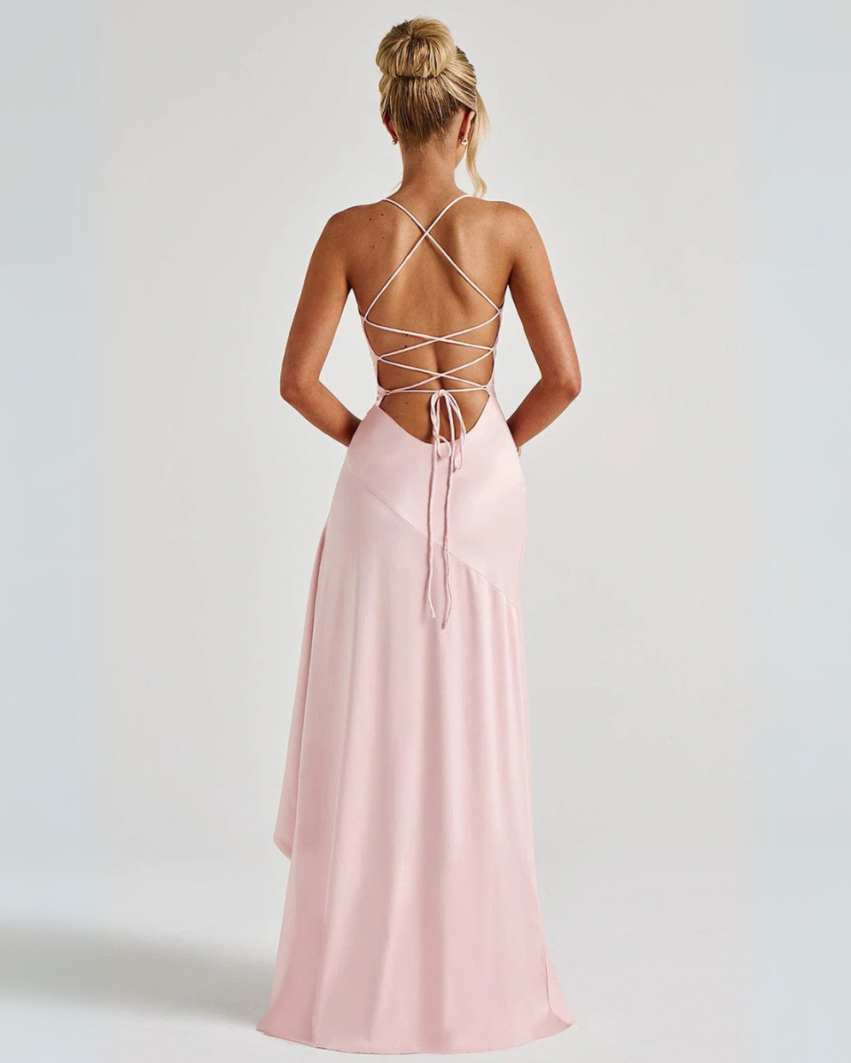 | Satin evening dress with cascading hem