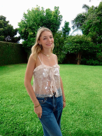 | Ruffle Sequin Mesh Top
