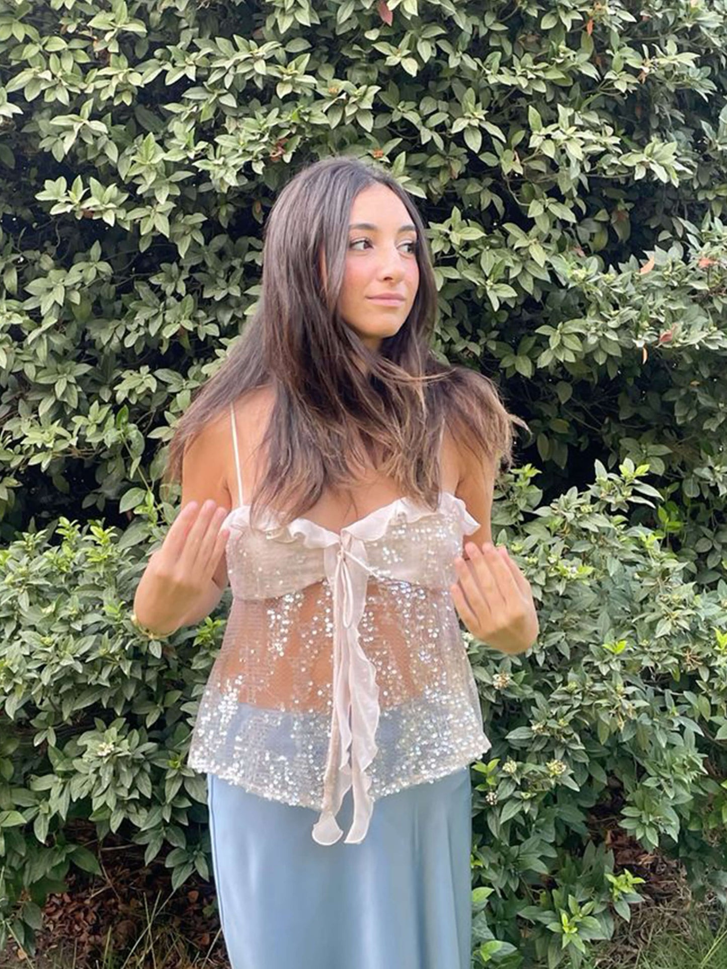 | Ruffle Sequin Mesh Top
