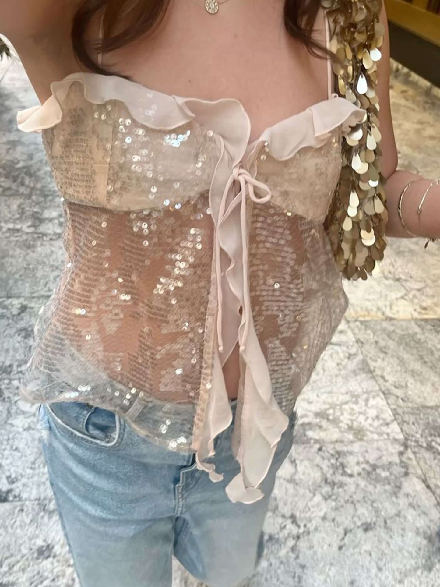 | Ruffle Sequin Mesh Top