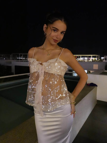 | Ruffle Sequin Mesh Top