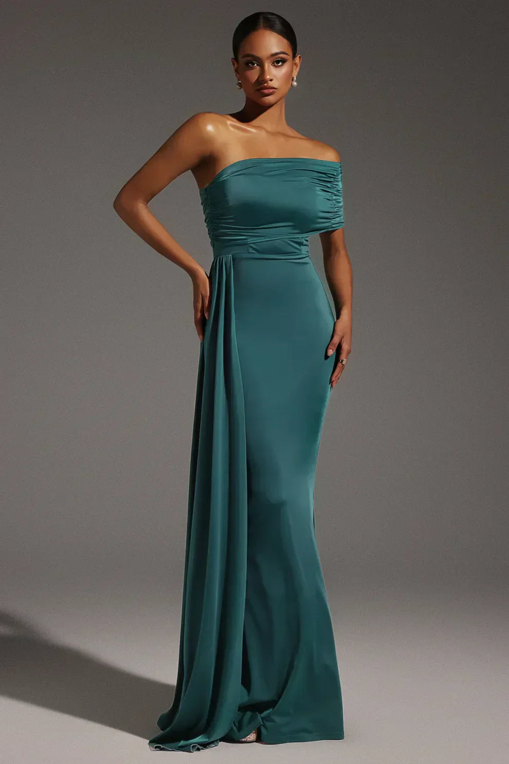 | Draped Sleeve One-Shoulder Gown