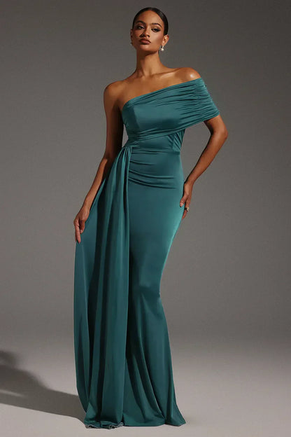 | Draped Sleeve One-Shoulder Gown
