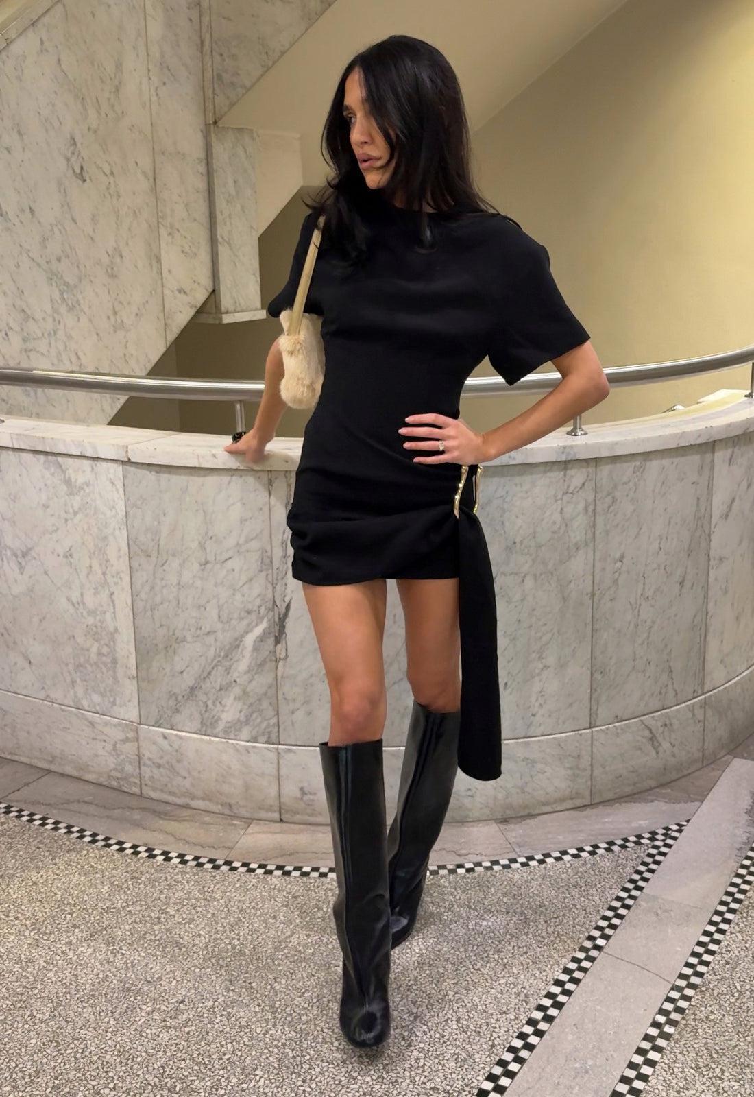 | Asymmetrical Draping Mini Dress in Onyx