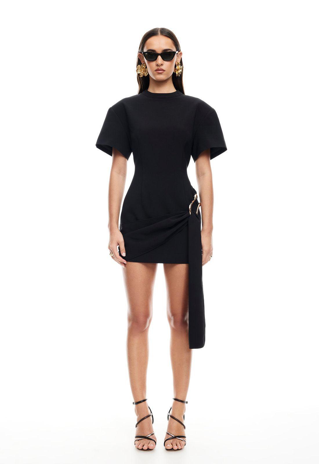| Asymmetrical Draping Mini Dress in Onyx