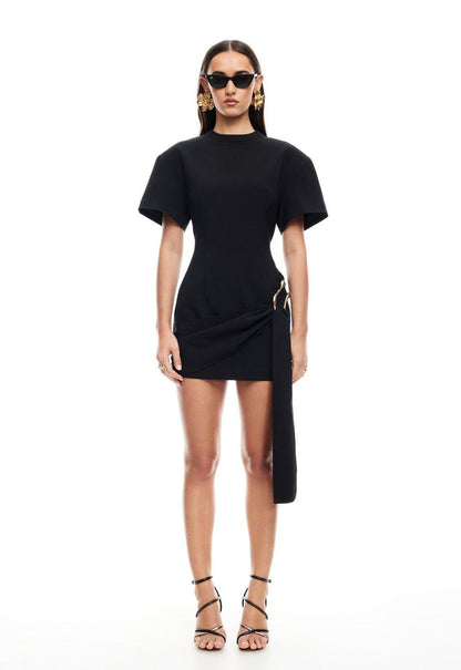 | Asymmetrical Draping Mini Dress in Onyx