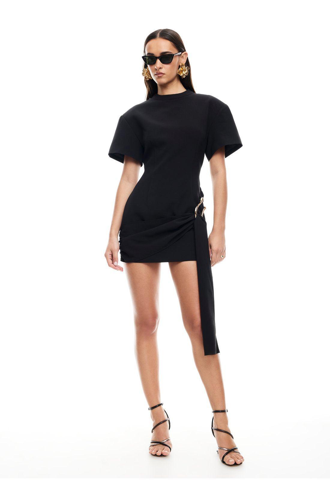 | Asymmetrical Draping Mini Dress in Onyx
