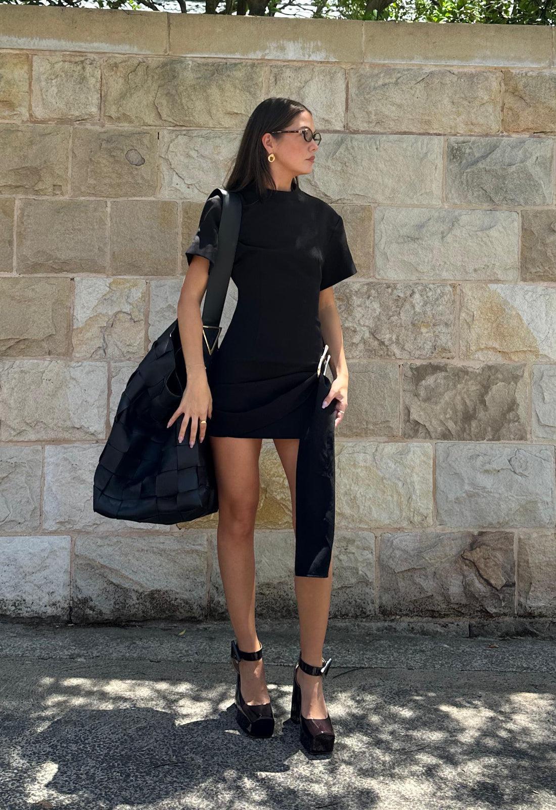 | Asymmetrical Draping Mini Dress in Onyx