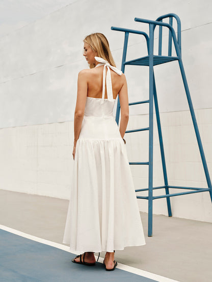 Maxi Cotton Halter Dress with V-Neck and Open Back – Elegant Summer Women's Dress