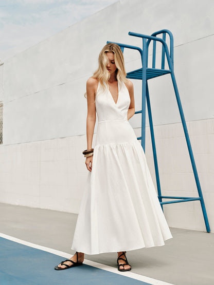Maxi Cotton Halter Dress with V-Neck and Open Back – Elegant Summer Women's Dress