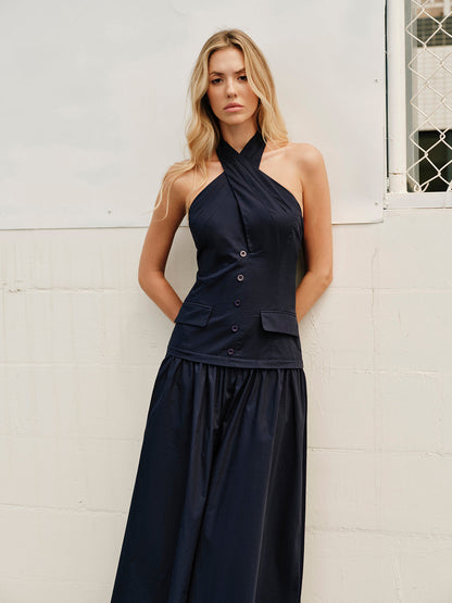 Maxi Cotton Summer Dress with Halter Neck Design and Pockets – Elegant and Comfortable